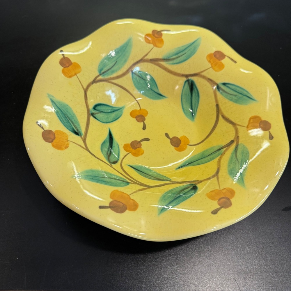 Gail Pittman Scalloped Serving Bowl Yellow Acorn Leaf Hand Painted 9in 2002